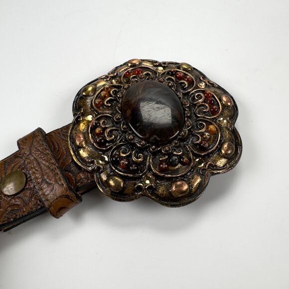 Vintage Leatherock Brown Handtooled Leather Flower Big Buckle Belt Size M - Picture 3 of 9